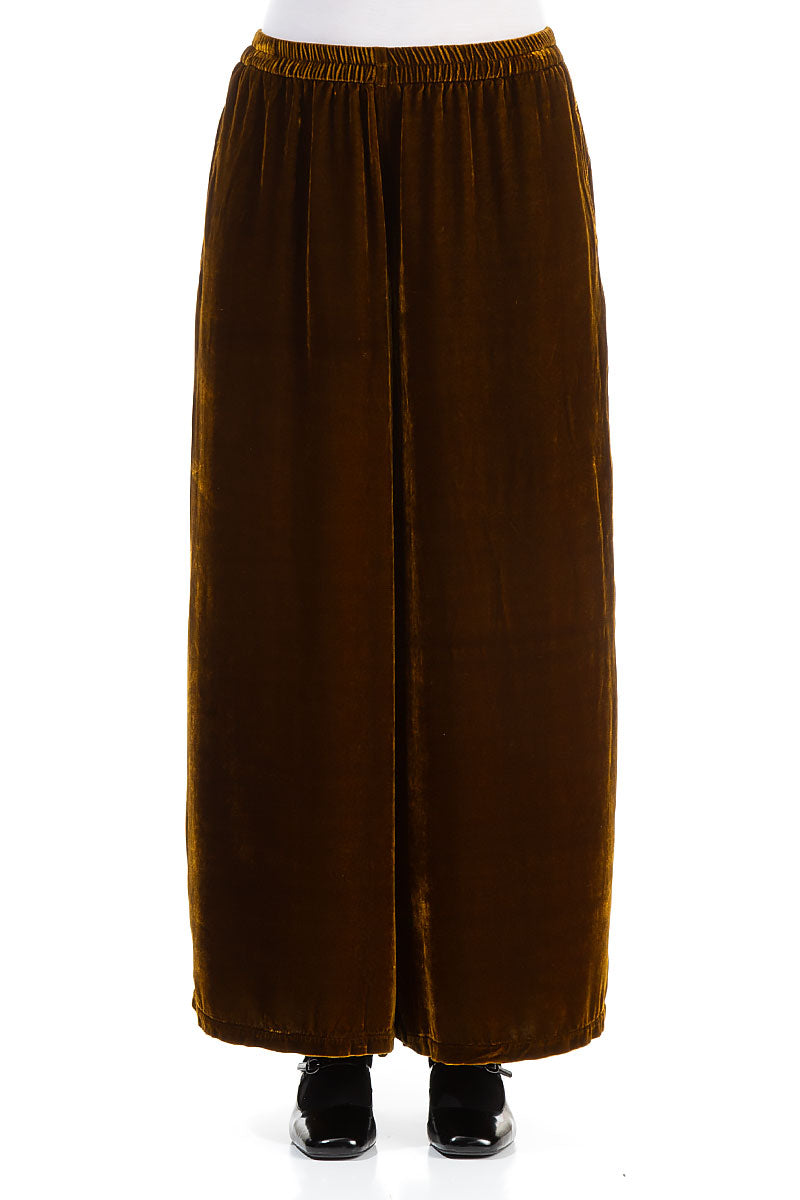 Wide Loose Golden Olive Silk Velvet Trousers