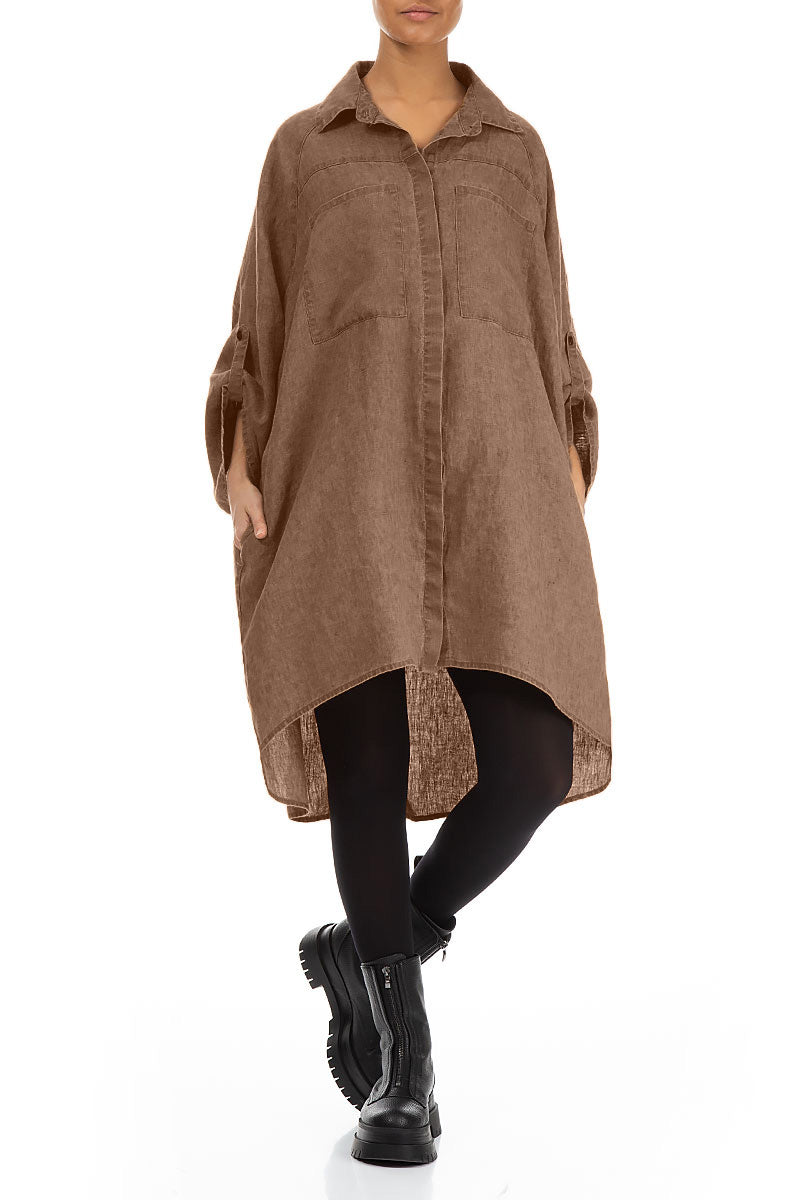 Wide Loose Mocha Linen Shirt 4