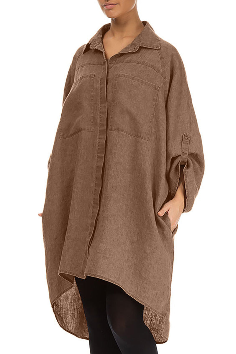 Wide Loose Mocha Linen Shirt 3