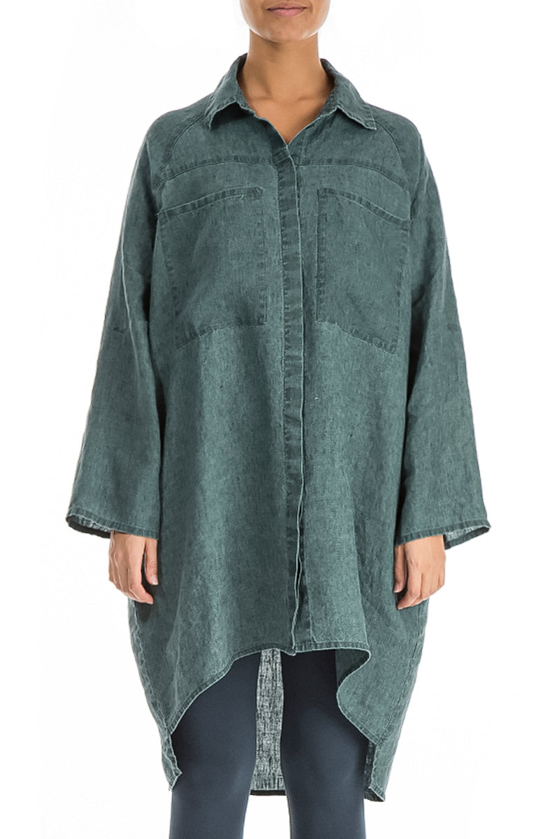 Wide Loose Teal Linen Shirt 1