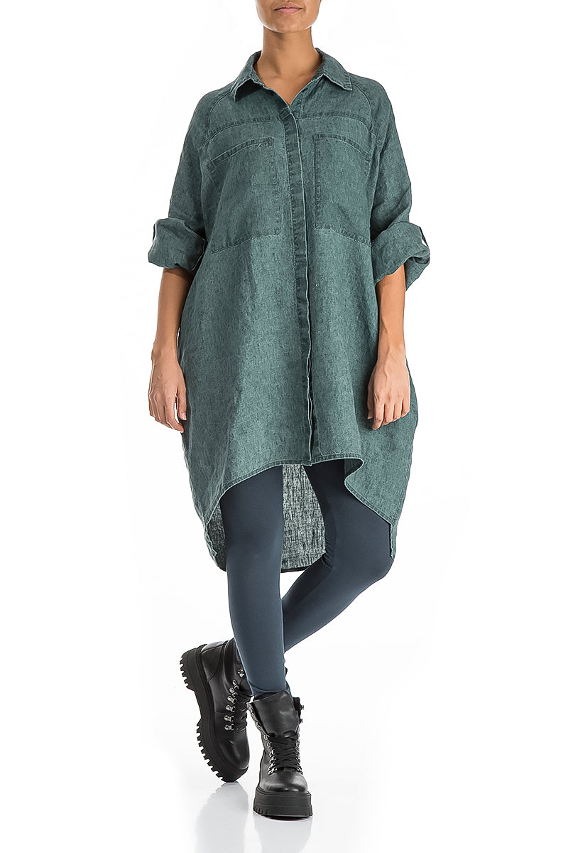 Wide Loose Teal Linen Shirt 4
