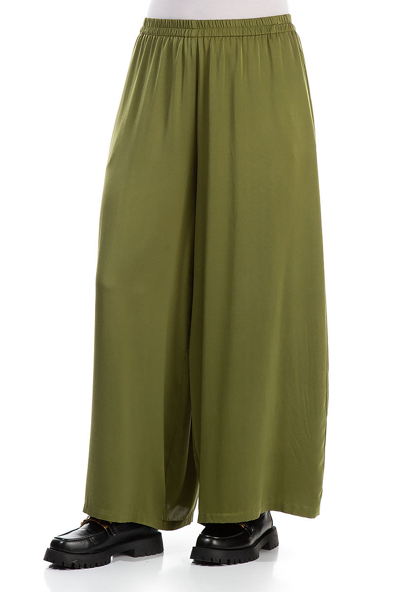 Wide Olive Silk Trousers