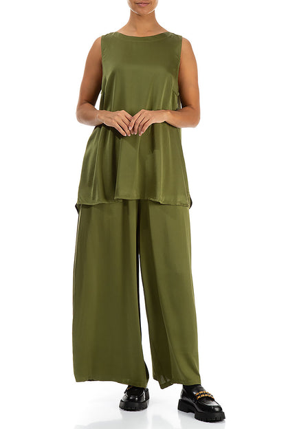 Wide Olive Silk Trousers