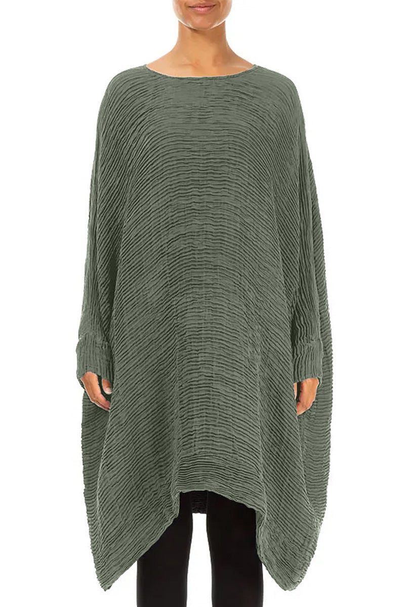 Wide Sage Plissé Silk Kaftan Dress 1