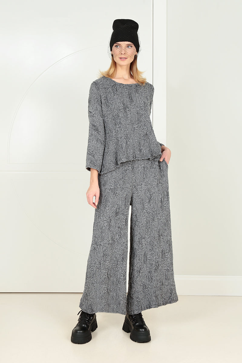 Wide Silver Textured Silk Linen Trousers 1