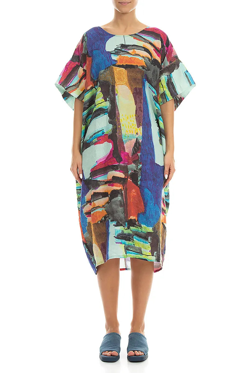 Wide Sleeves Abstract Linen Dress 1