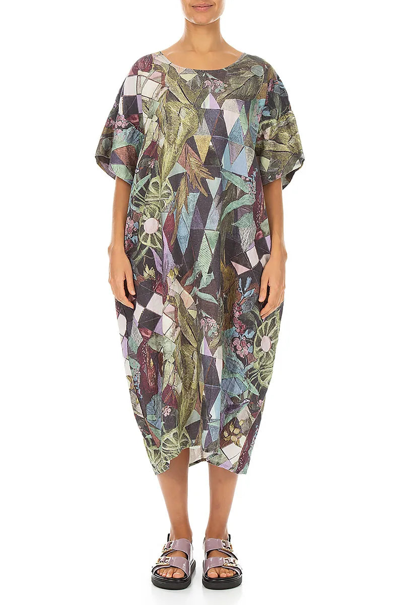 Wide Sleeves Art Mosaic Linen Dress 1