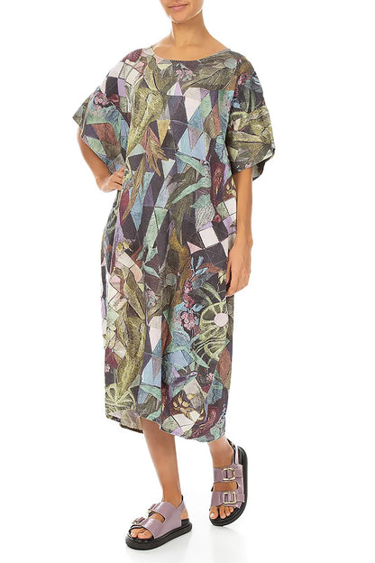 Wide Sleeves Art Mosaic Linen Dress 4