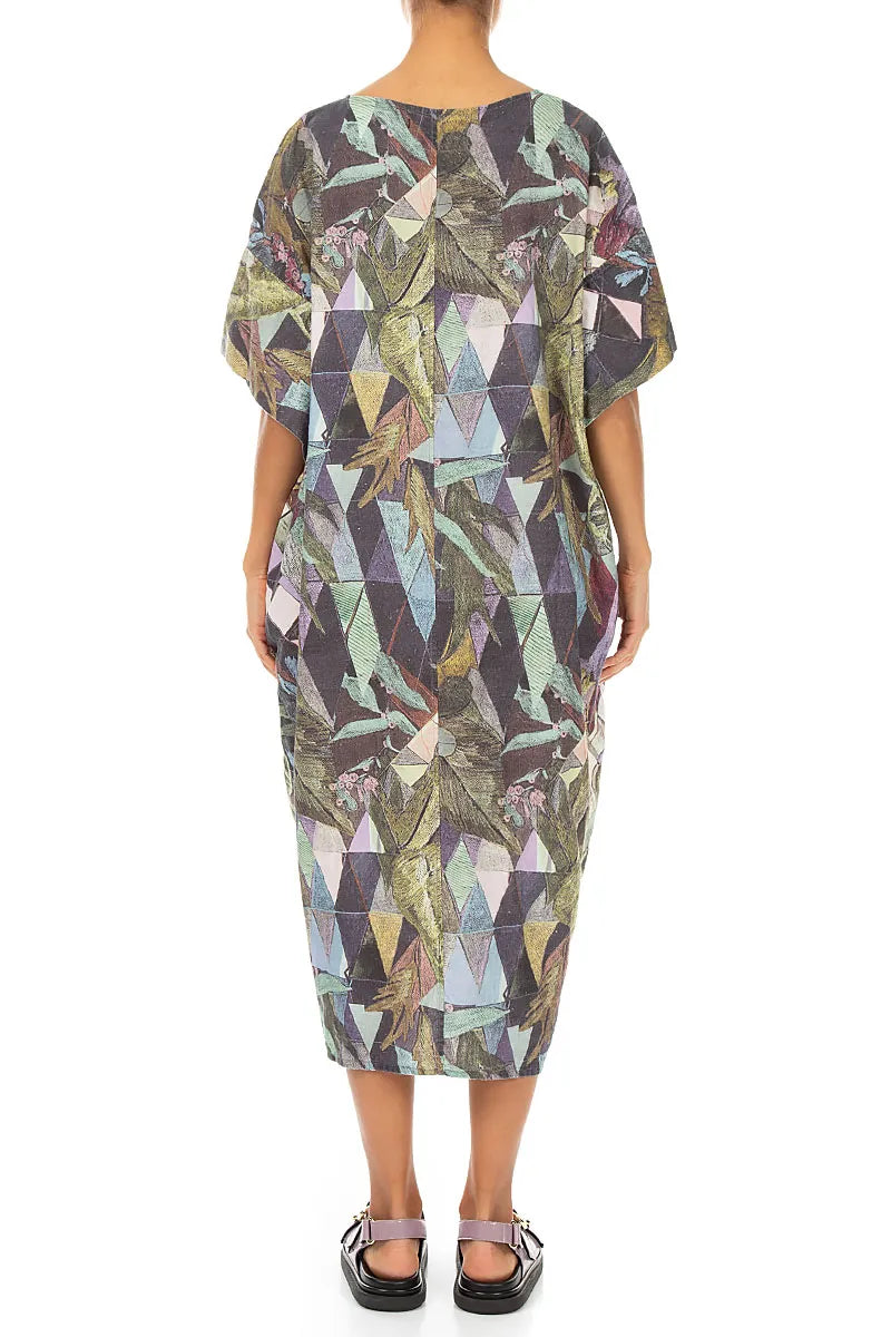 Wide Sleeves Art Mosaic Linen Dress 2
