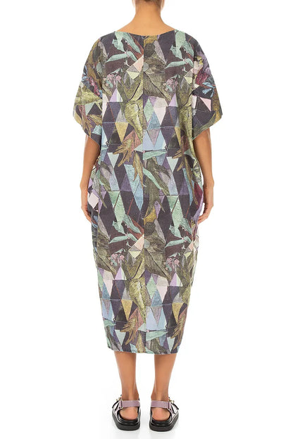 Wide Sleeves Art Mosaic Linen Dress 2