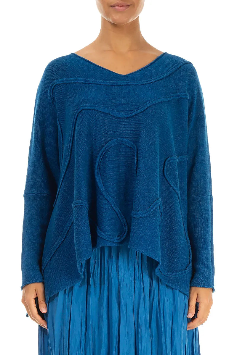 Weiter welliger Saum Kobaltblauer Leinenpullover