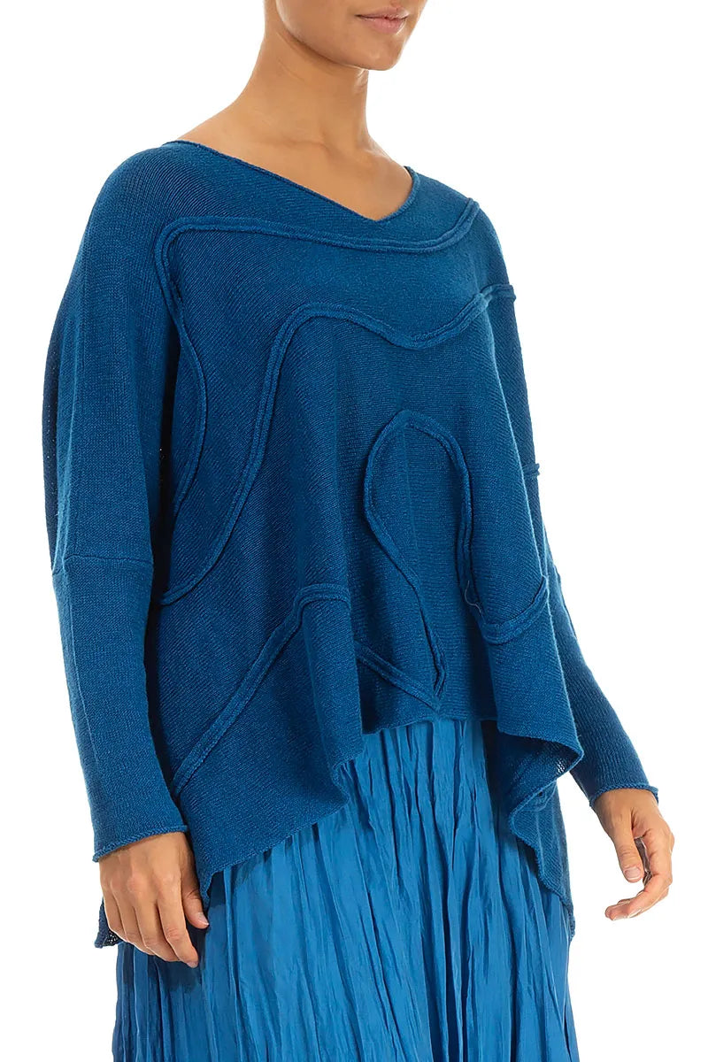 Weiter welliger Saum Kobaltblauer Leinenpullover