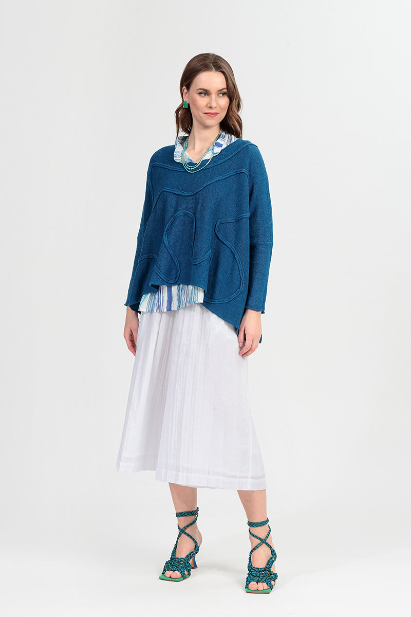 Weiter welliger Saum Kobaltblauer Leinenpullover