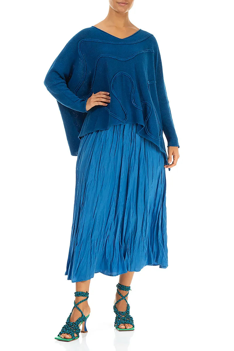Weiter welliger Saum Kobaltblauer Leinenpullover