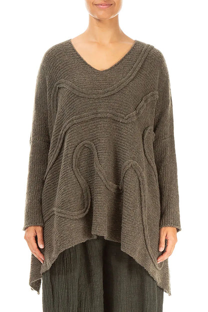 Wide Wavy Seam Khaki Wool Sweater 1