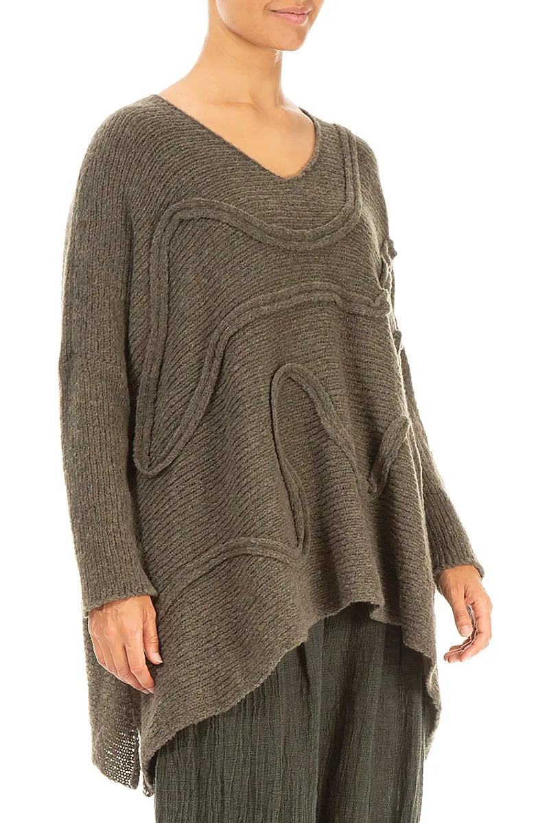 Wide Wavy Seam Khaki Wool Sweater 3