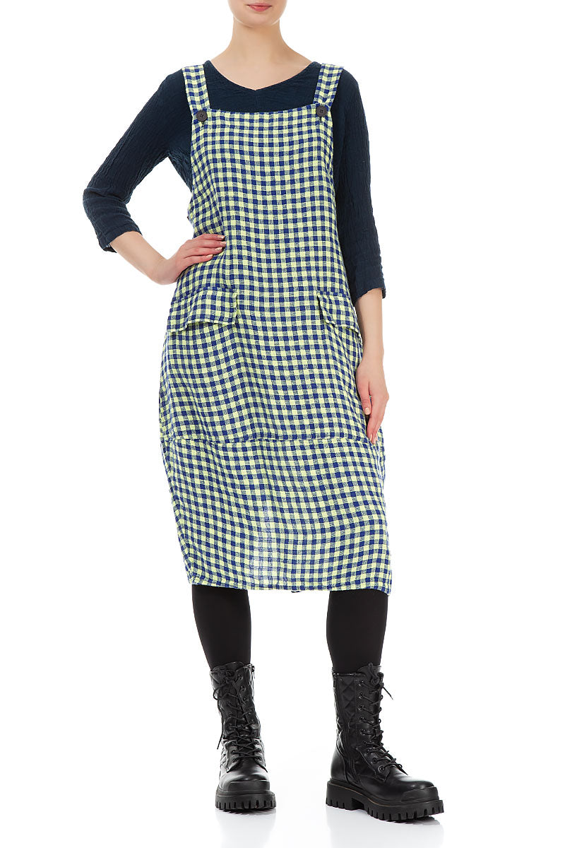 Yellow Check Linen Dungaree Dress