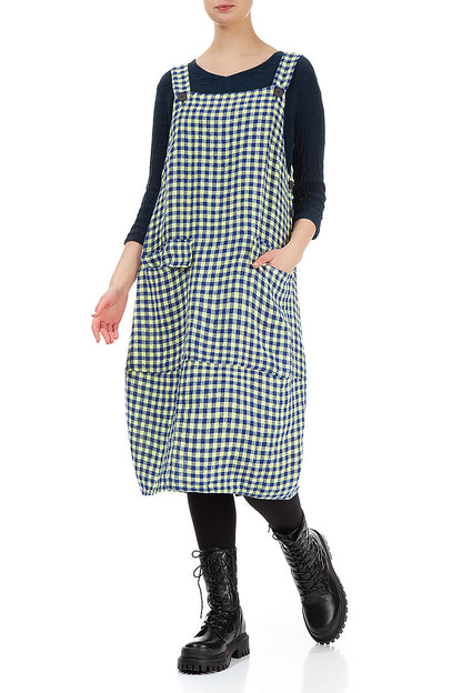 Yellow Check Linen Dungaree Dress