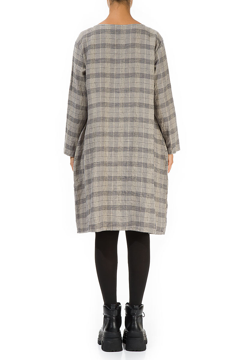 Zips Embellished Greige Check Linen Dress