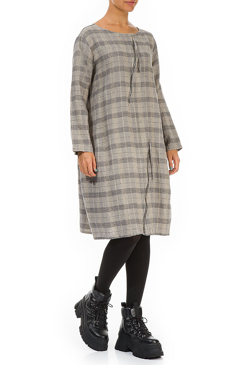 Zips Embellished Greige Check Linen Dress