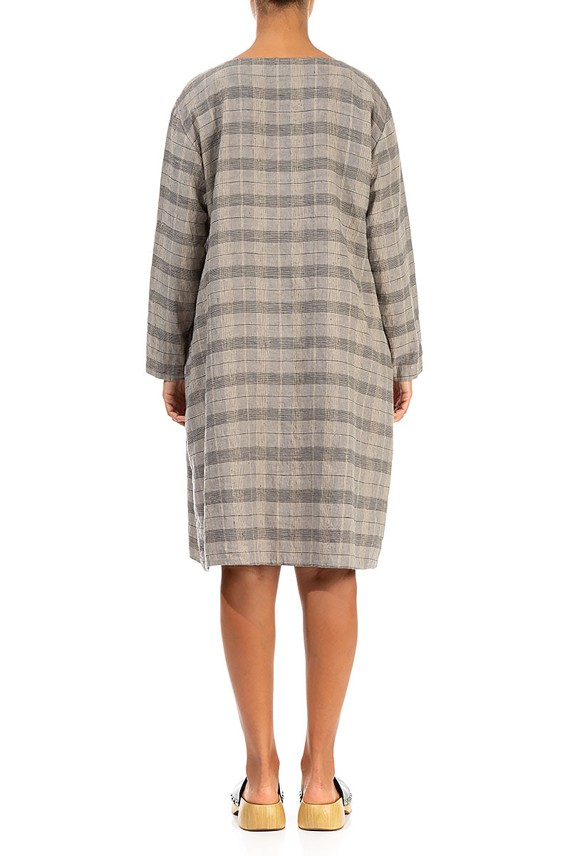 grey check linen dress Checkered linen oversized voluminous sleeves dress GRETA OffOn