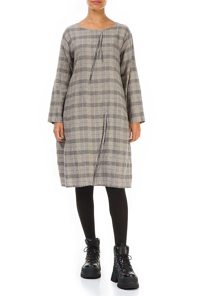 Zips Embellished Greige Check Linen Dress