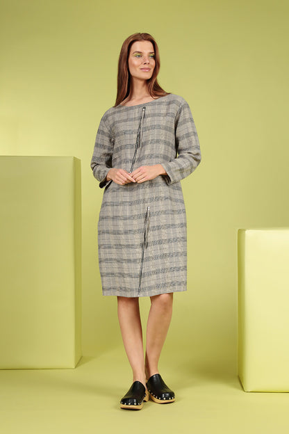 Zips Embellished Greige Check Linen Dress