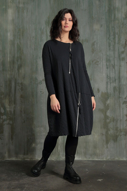 Zips Embellished Grey Wavy Cotton Dress