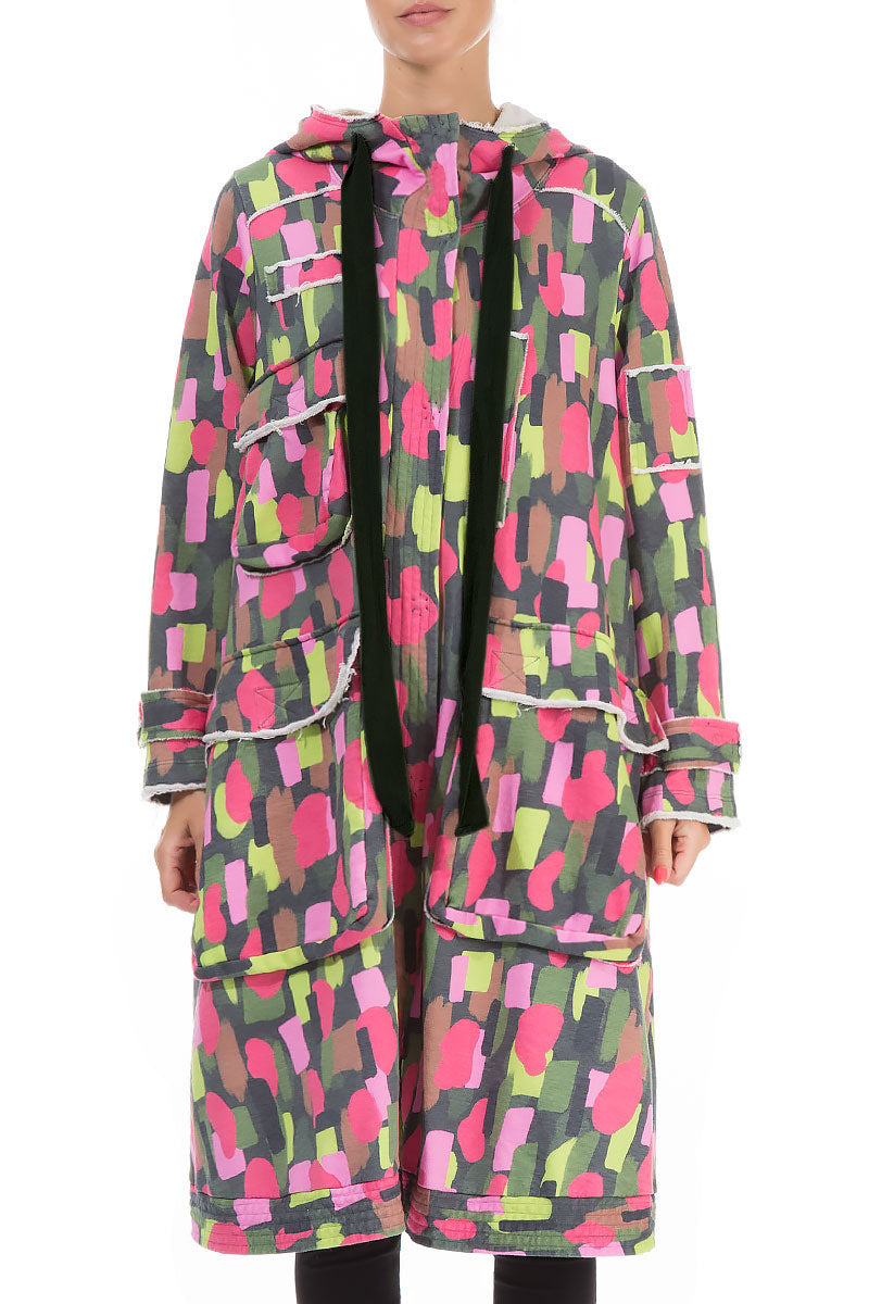 Hooded Three Pockets Paint Mosaic Cotton Jacket