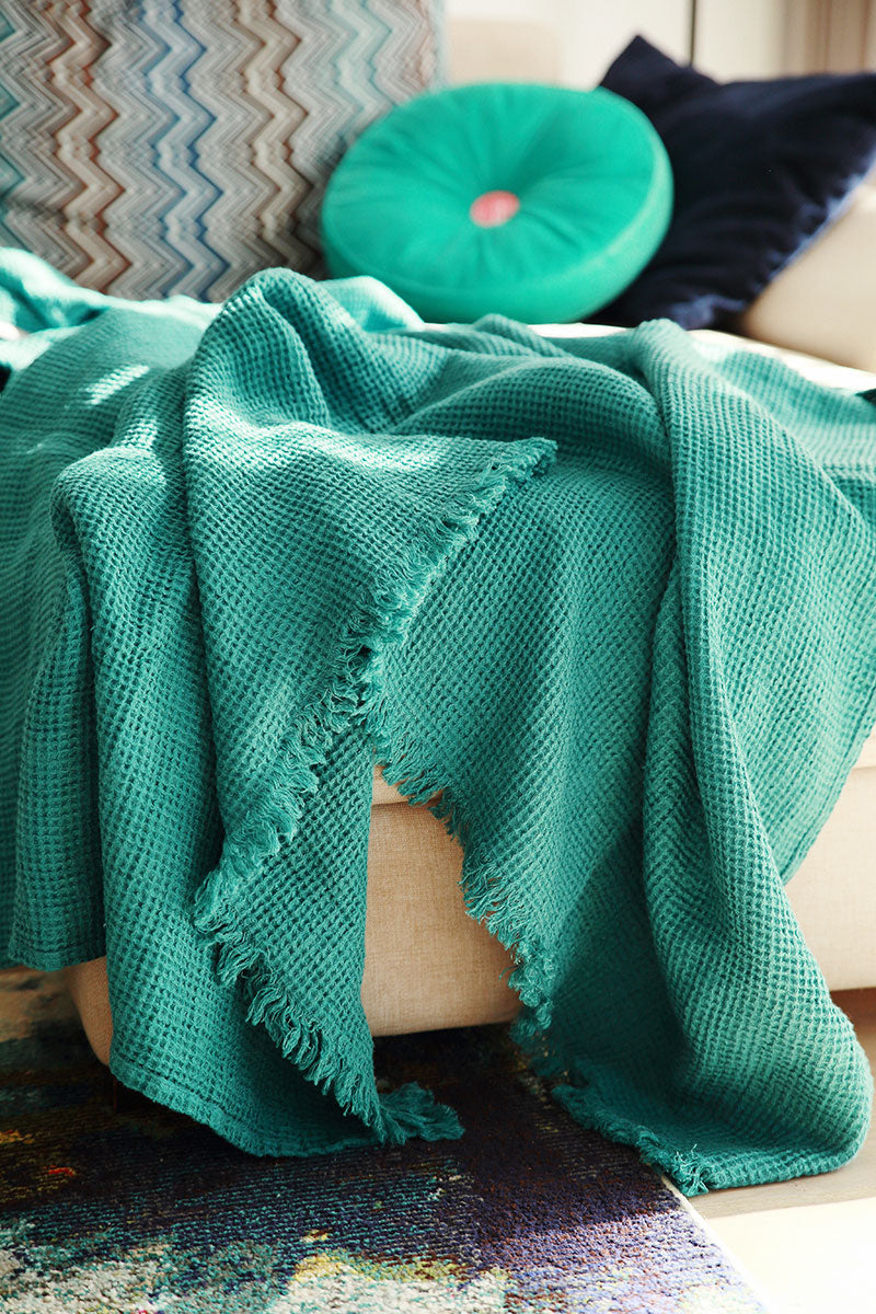 Textured Fringed Turquoise Soft Linen Blanket