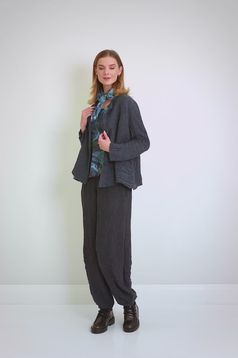 Ruched Hem Graphite Blue Crinkled Silk Linen Trousers 7