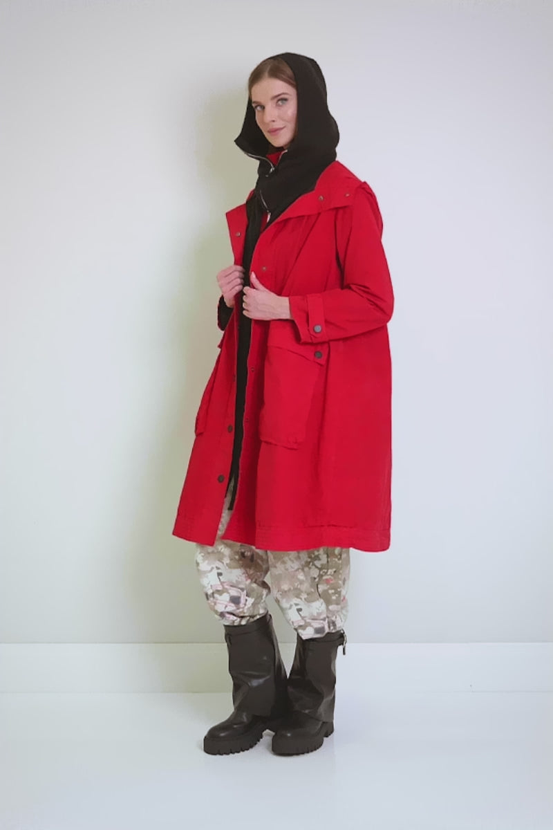 Hooded Cherry Red Cotton Coat 9