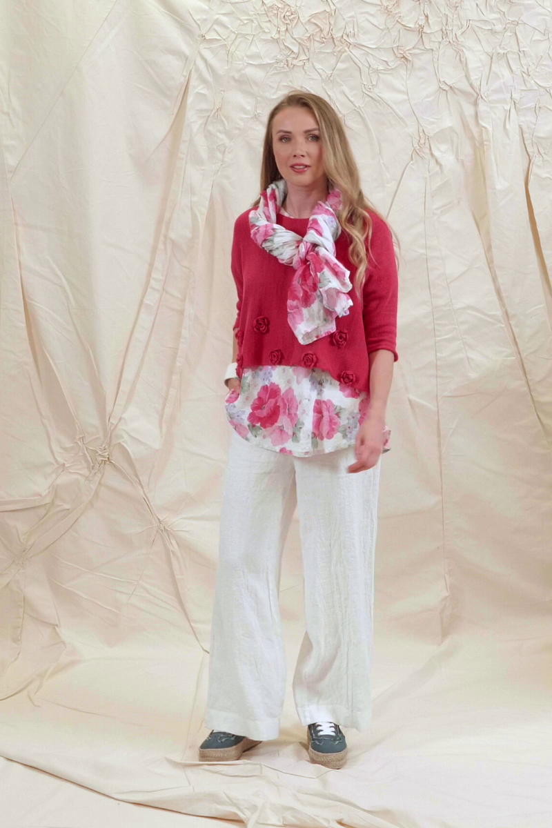 Flowers Decorated Raspberry Linen Jumper 7