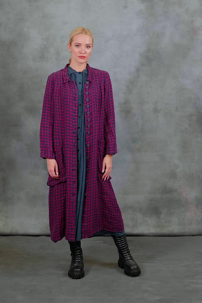 Stylish Long Magenta Check Linen Jacket