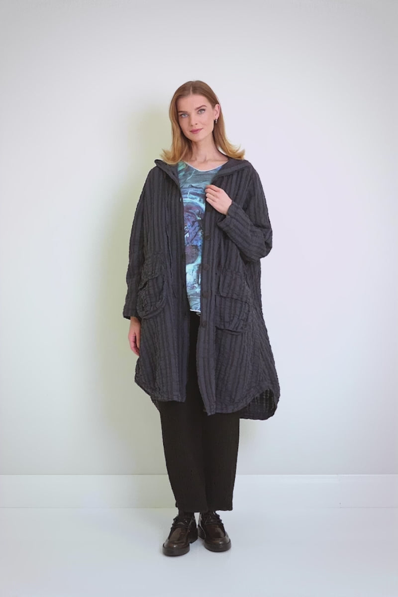 Hooded Oversized Slate Blue Checkered Linen Cotton Jacket 7