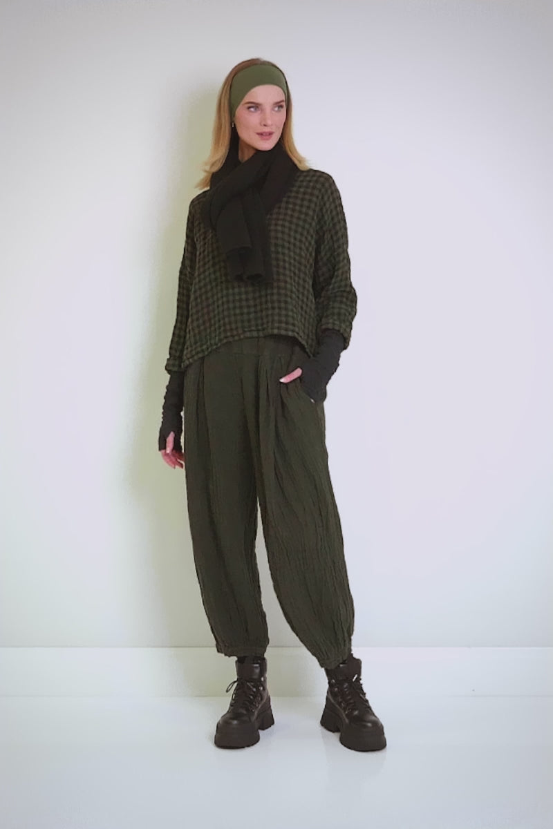 Loose Forest Mist Check Linen Blouse 7