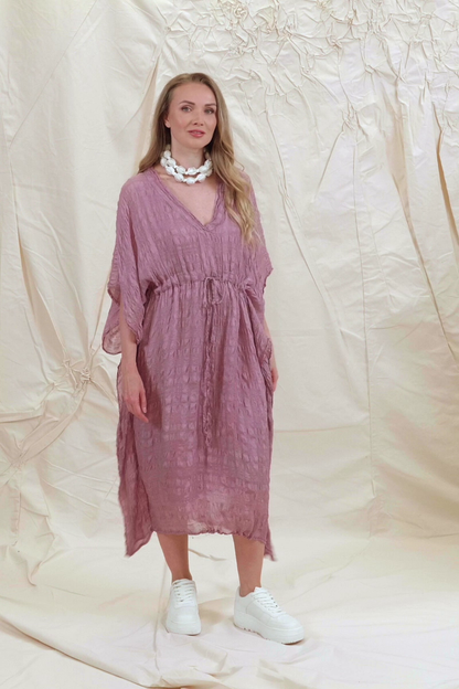 Asymmetric V-Neck Mauve Taupe Textured Silk Dress 7