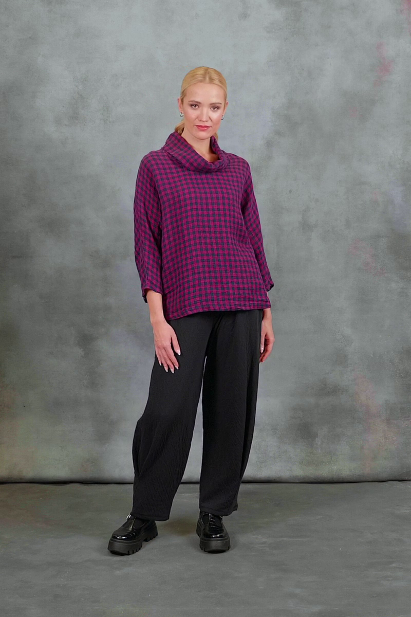 Cowl Neck Magenta Check Linen Blouse