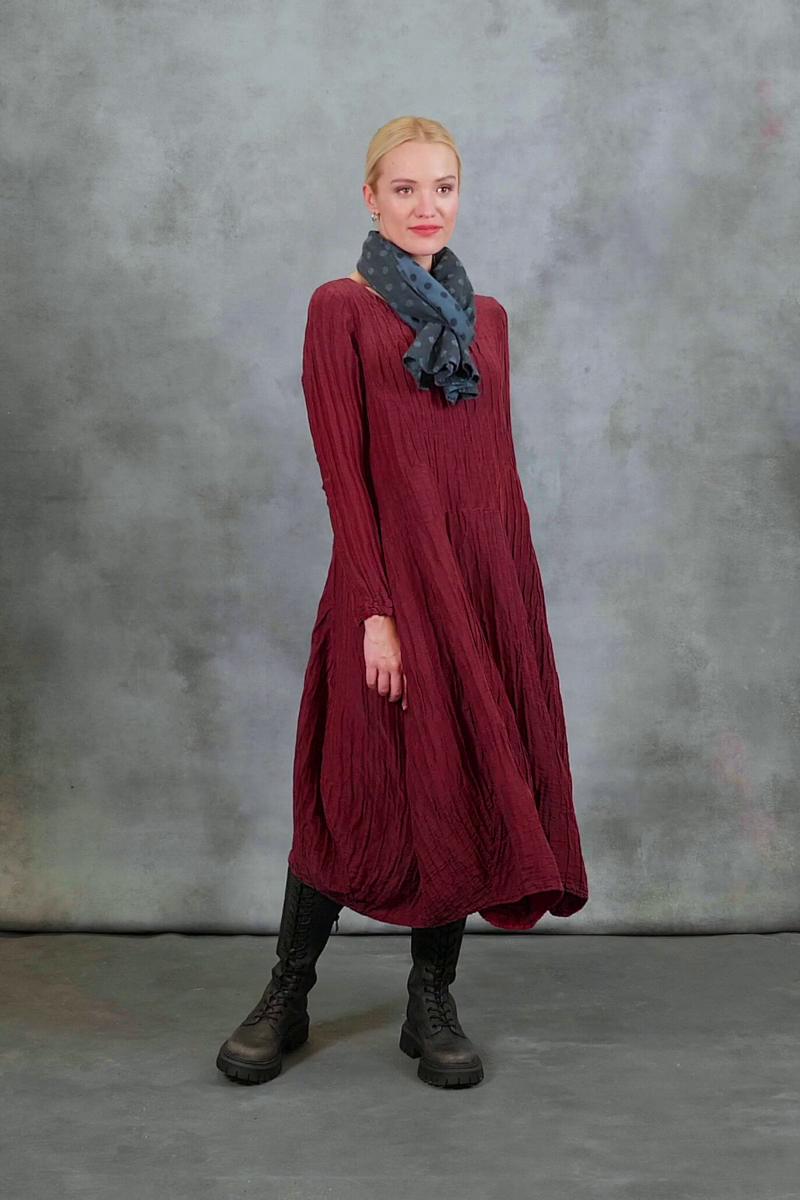 Flared Crinkled Merlot Silk Linen Dress 7