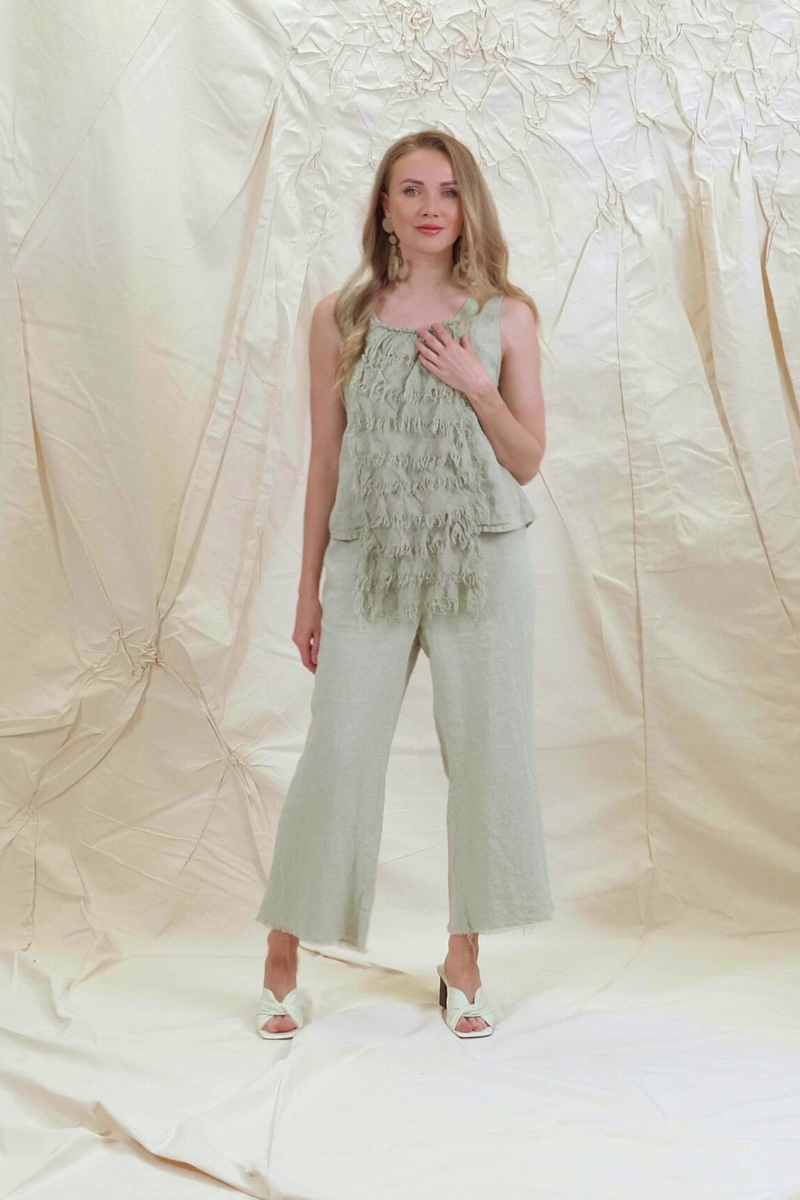 Ruffled Fringed Laurel Green Linen Blouse 7