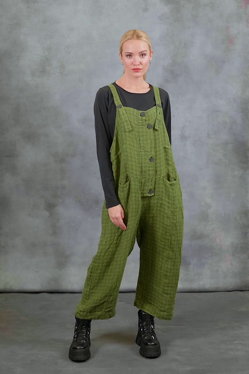 Strappy Green Check Linen Dungaree Jumpsuit