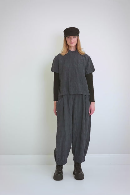 Short Sleeves Slate Blue Pleated Silk Linen Blouse 7