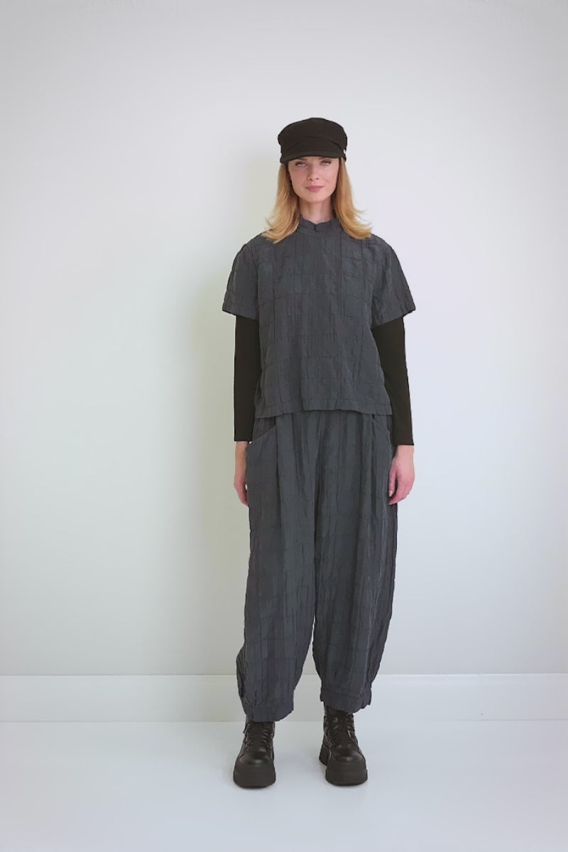 Short Sleeves Slate Blue Pleated Silk Linen Blouse 7