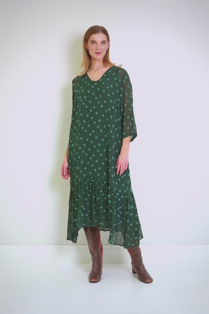 Flared Hem Peacock Dotty Silk Dress 7