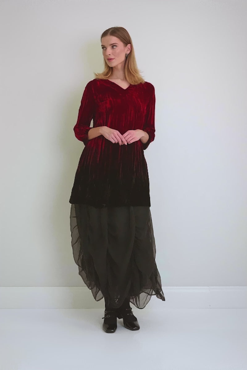 V-Neck Cherry Red Silk Velvet Ombré Tunic 7