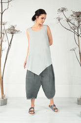 Side Pocket Sleeveless Light Grey Linen Tunic 6