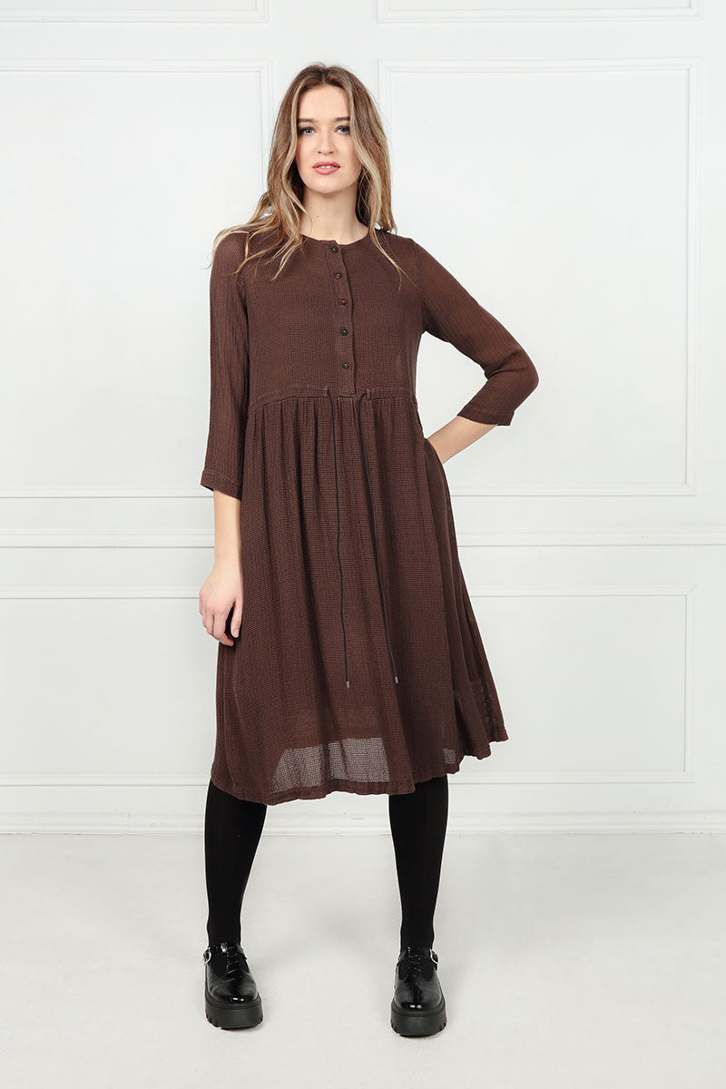 Flared Brown Mesh Silk Viscose Dress