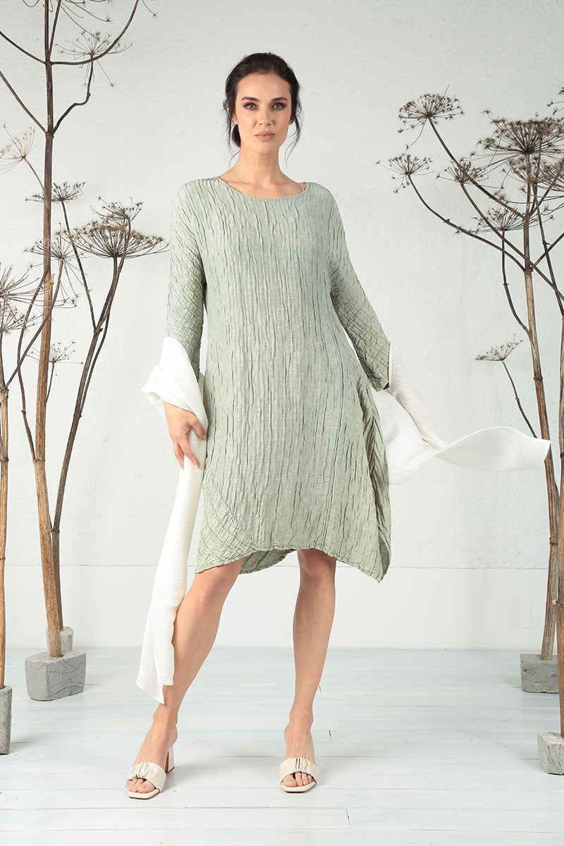Asymmetrical Crinkled Pistachio Silk Dress 6