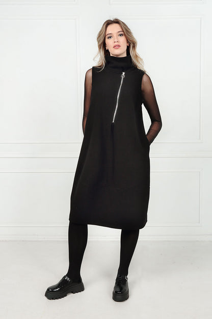 Cowl Neck Side Zipper Black Cotton Jersey Dress