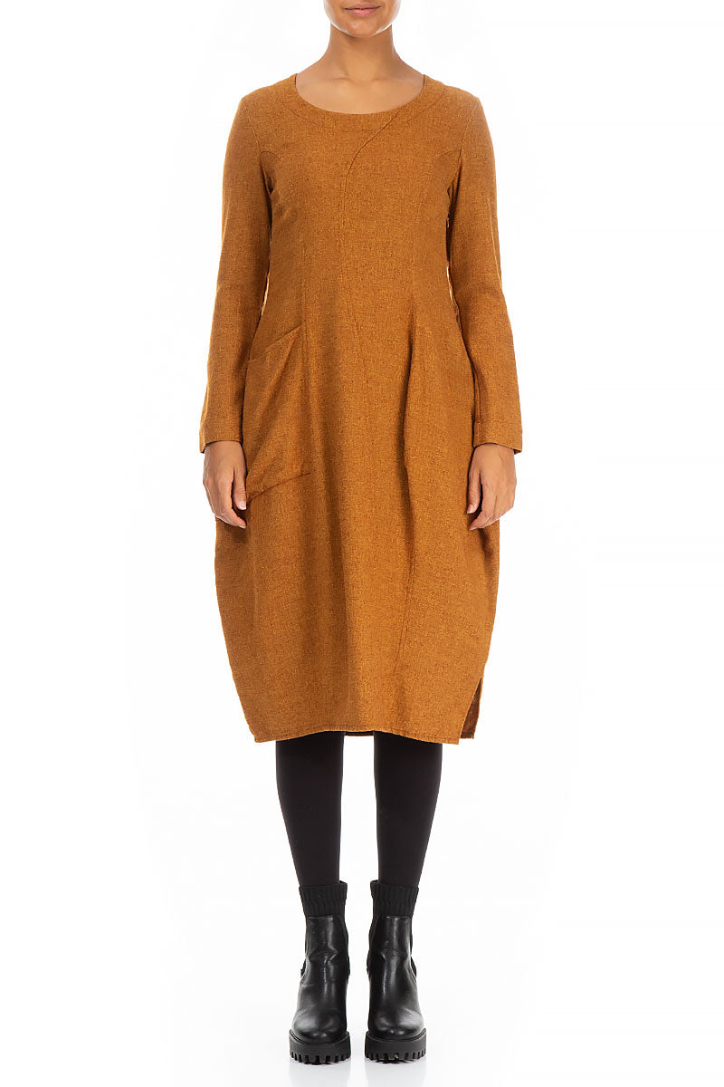 Balloon Long Sleeves Yellow Ochre Wool Dress